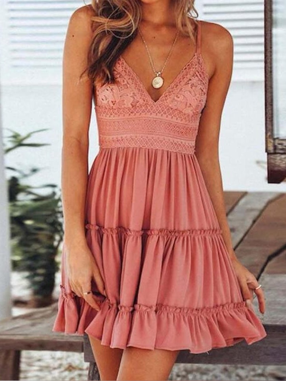 SHEIN Dusty Rose Lace Bodice Tiered Mini Dress